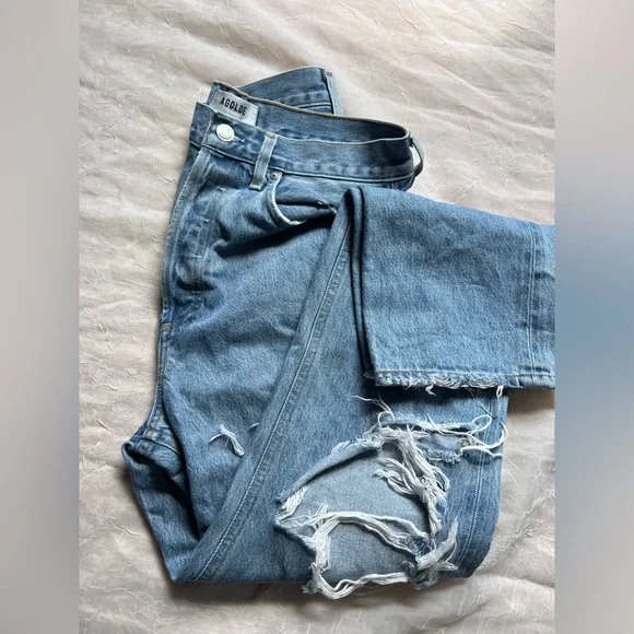 Agolde Blue Flare Wide Leg Jeans with Distressed Detailing - Picture 1 of 9